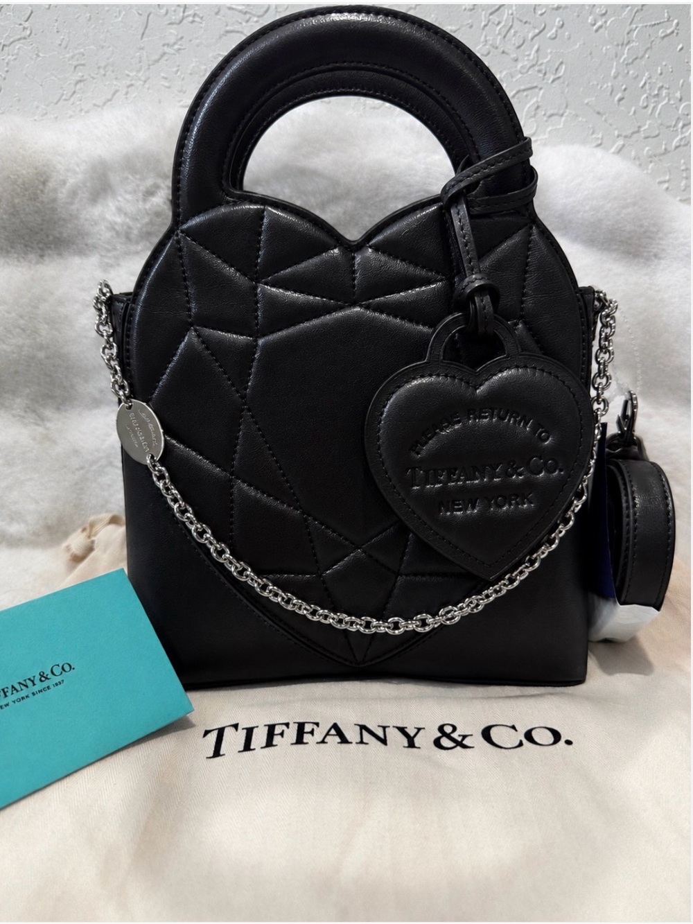 Tiffany & Co. Black Quilted Heart Small Bag with Silver Chain